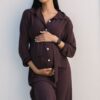 Plum long sleeve Button down dress below knee