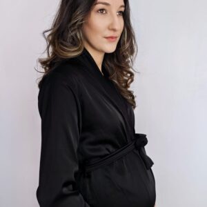 Luxe Bump- Black Armani Satin Fur Trim Gown - Image 3