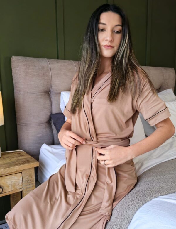Hannah Grace Maternity Blush Beige Summer Gown with Black Piping