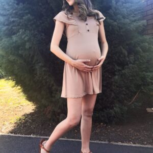 Hannah Grace Maternity Blush Beige Summer Frilly Dress with hidden Zip for Breastfeeding - Image 3