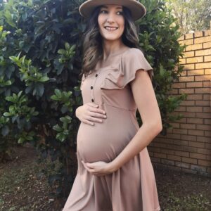 Hannah Grace Maternity Blush Beige Summer Frilly Dress with hidden Zip for Breastfeeding - Image 4