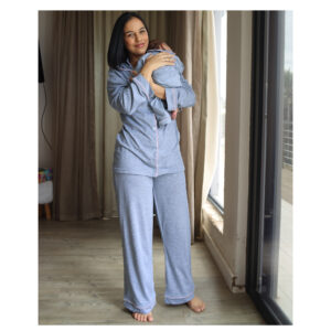 Hannah Grace Maternity Matching Mom & Baby Melange Grey Winter Pj with Pink Piping