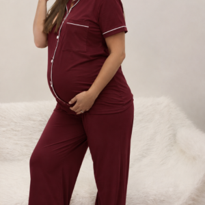 Hannah Grace Maternity Burgundy Short Top Long Pant Pj Set