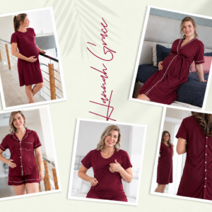 Hannah Grace Maternity Burgundy Hospital Ready Summer Set 6 Piece